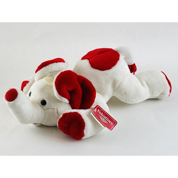 Vintage Commonwealth Toy Co Plush White Elephant w Red Heart Holiday Laying Tags - Picture 1 of 12